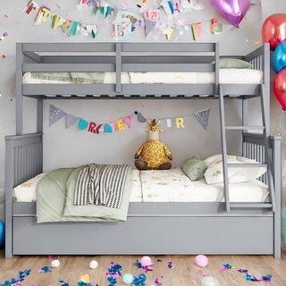 Detachable Rubber Wood Twin Over Full Bunk Bed with Trundle,Convertible Ladder and Guardrail