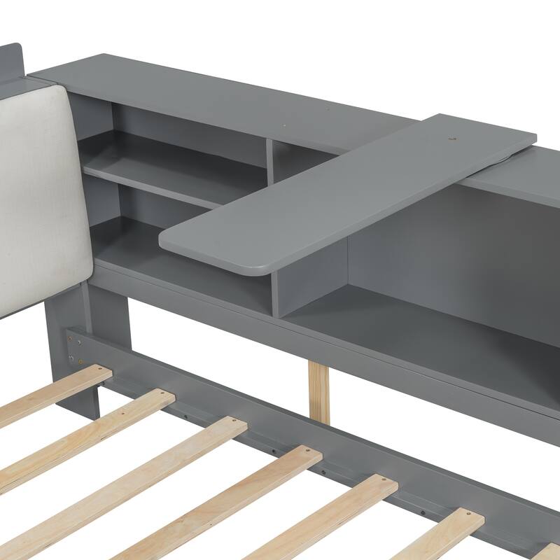 Modern Full Size Wood Platform Bed with Storage Headboard, Built-in Shelves, Upholstered Backrest, and 2 Drawers