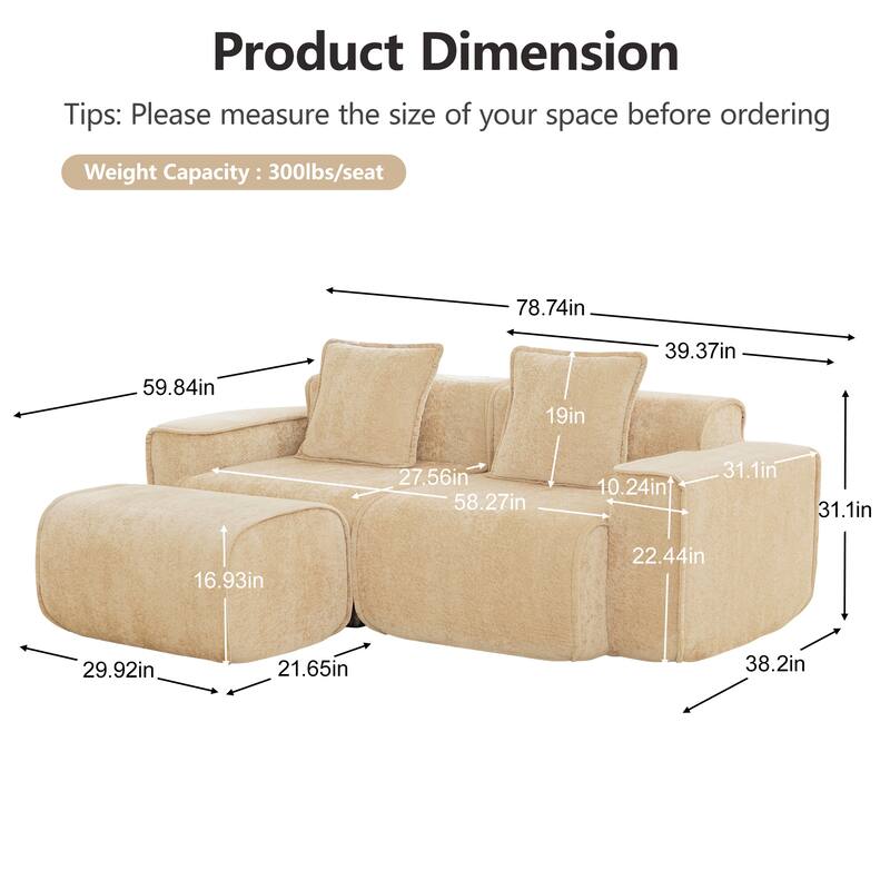GDFStudio - Streamlined Velvet 2-Seater 78.74" Modular L-Shaped Sofa with Ottoman