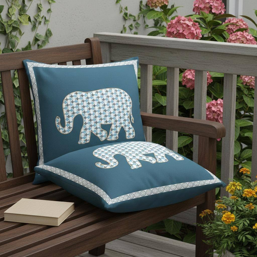 HomeRoots Set of Two 16" X 16" Blue and White Elephant Blown Seam Animal Print Indoor Outdoor Throw Pillow