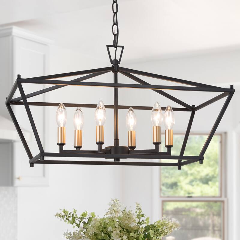 Modern Farmhouse Black Gold 6-Light Chandelier Kitchen Island Light for Dining Room - L23.5" xW12.5"xH14.5" - Black
