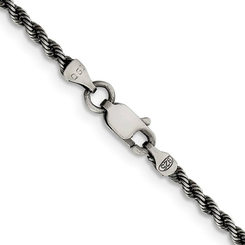 Curata 925 Sterling Silver Ruthenium 2.3mm Rope Chain Necklace (Lobster)