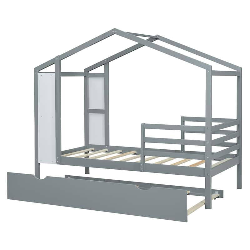 Wood House Bed with Fence and Writing Board