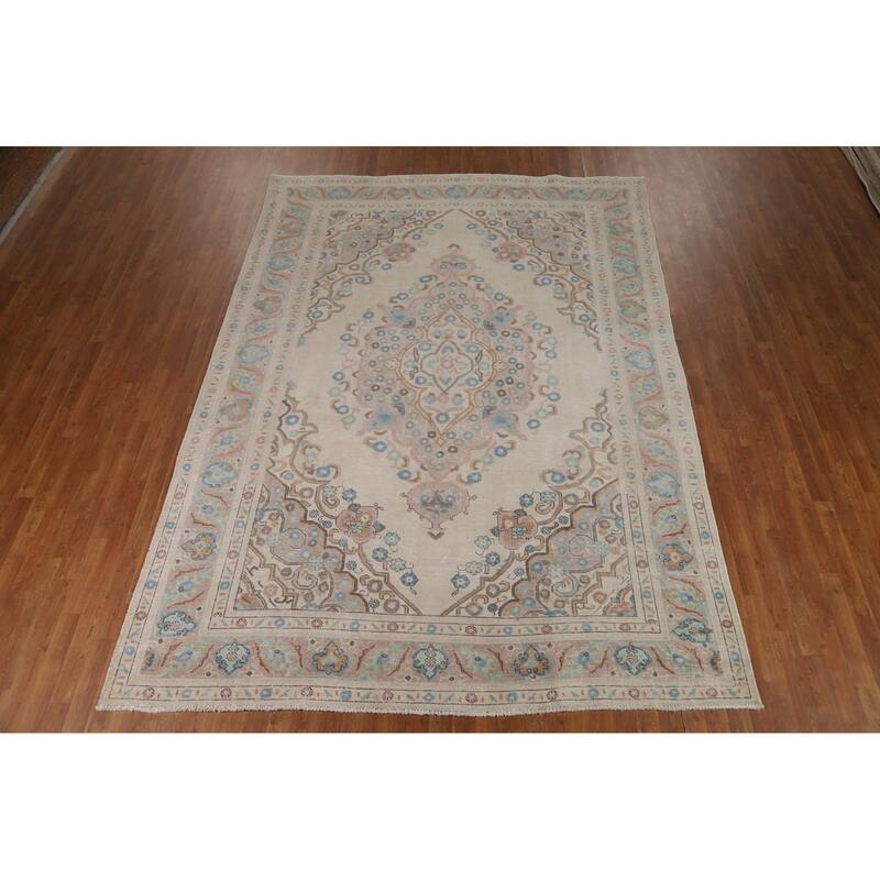 Beige / Ivory Medallion Tabriz Persian Rug Hand-Knotted Wool Carpet - 8'0"x 11'4"
