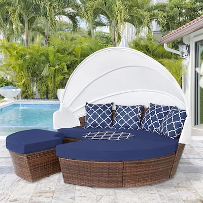 Ledel Wicker Outdoor Daybed 5-piece Sectional Sofa Set With Retractable Canopy and Cushions
