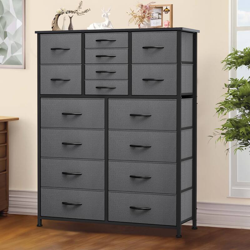 Moasis 16-drawer Dresser Chest with Metal Frame, Wood Tabletop - Dark Gray