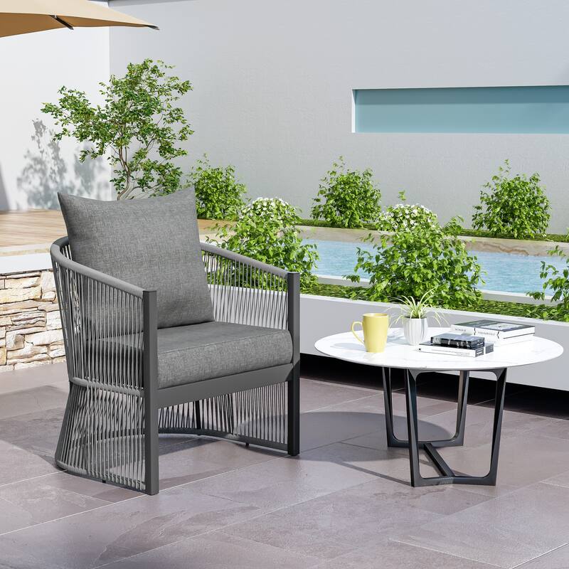 Modern Curved Aluminum Lounge Chair with Rope-Weave Design and Cushioned Comfort - Gray