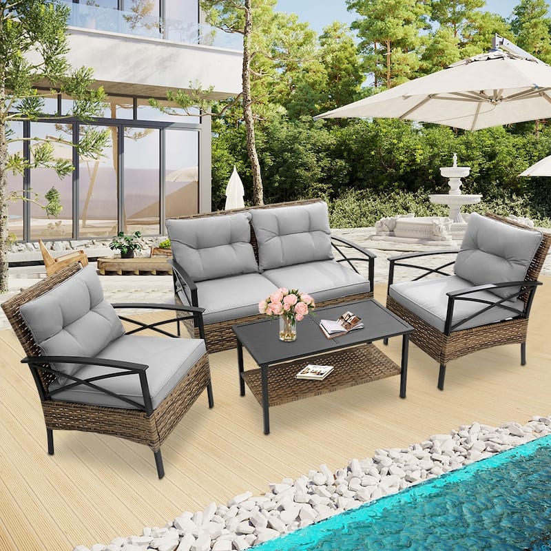 4-Piece Outdoor Patio Rattan Furniture Set, Thick Cushions&Side Table - 1 Table+2 Single chairs+1 Loveseat