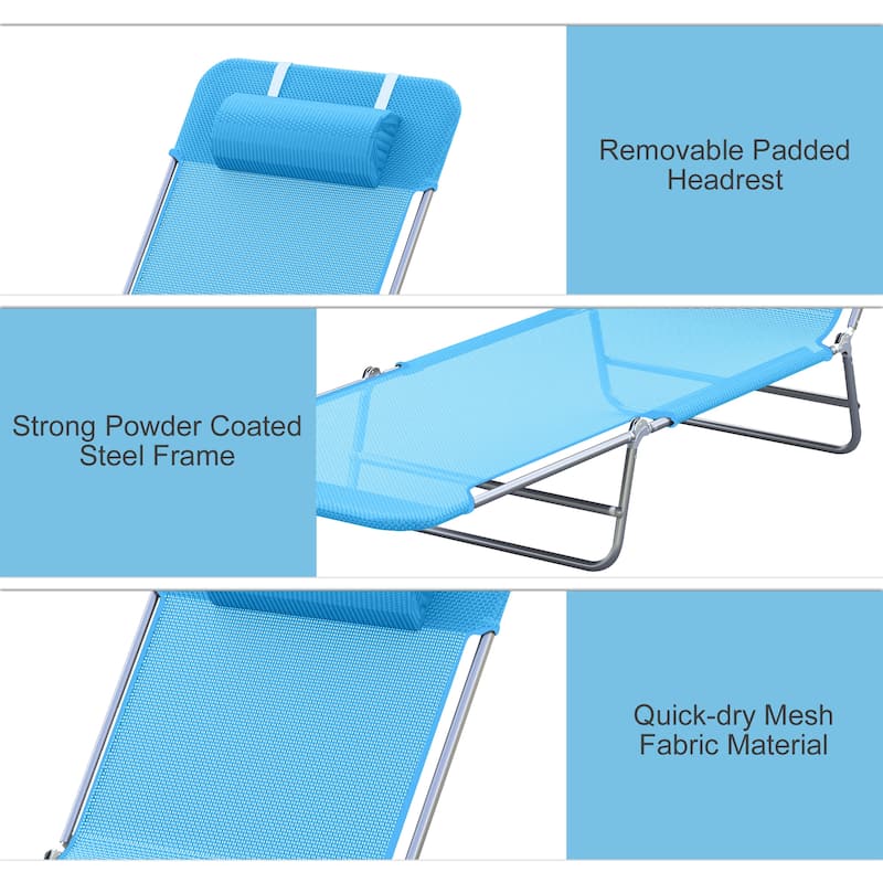 Outsunny Portable Sun Lounger, Folding Chaise Lounge Chair w/ Adjustable Backrest & Pillow for Beach, Poolside and Patio, Blue