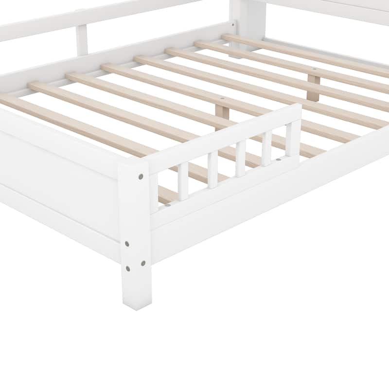 White Full Size Platform Bed w/LED Light, Storage Headboard, Guardrail