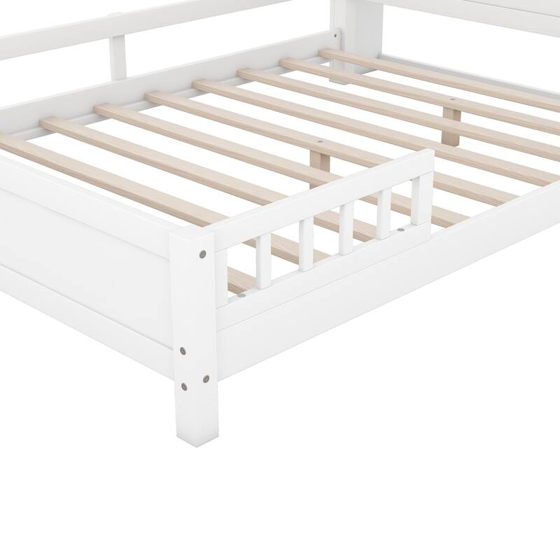 Wooden Platform Bed with Built-in LED Light & Storage Headboard, Solid Wood Platform Bedframe with Fence, No Box Spring Needed