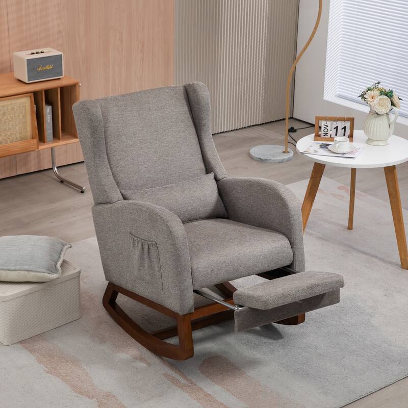 High back Upholstered Accent Rocking Chair Nursery Chair With Retractable Footrest