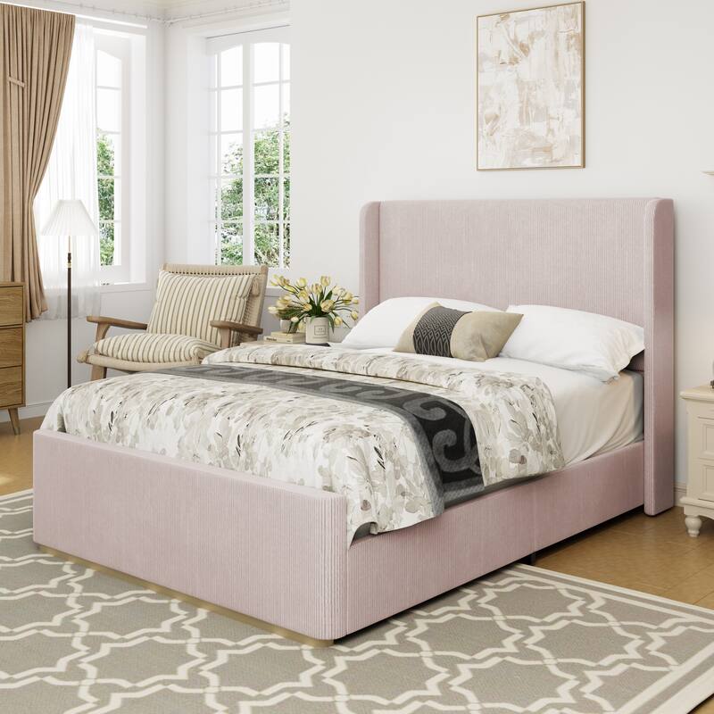 Roomfitters Queen/King Size Upholstered Bed, Corduroy Frame, Wingback Headboard, High Footboard, Light Grey