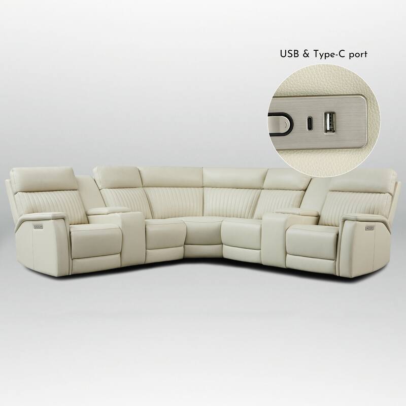 7PCS, 3 Power Recliners, Leather Reclining Sectional with Zero Gravity, USB Port & USB-C Port