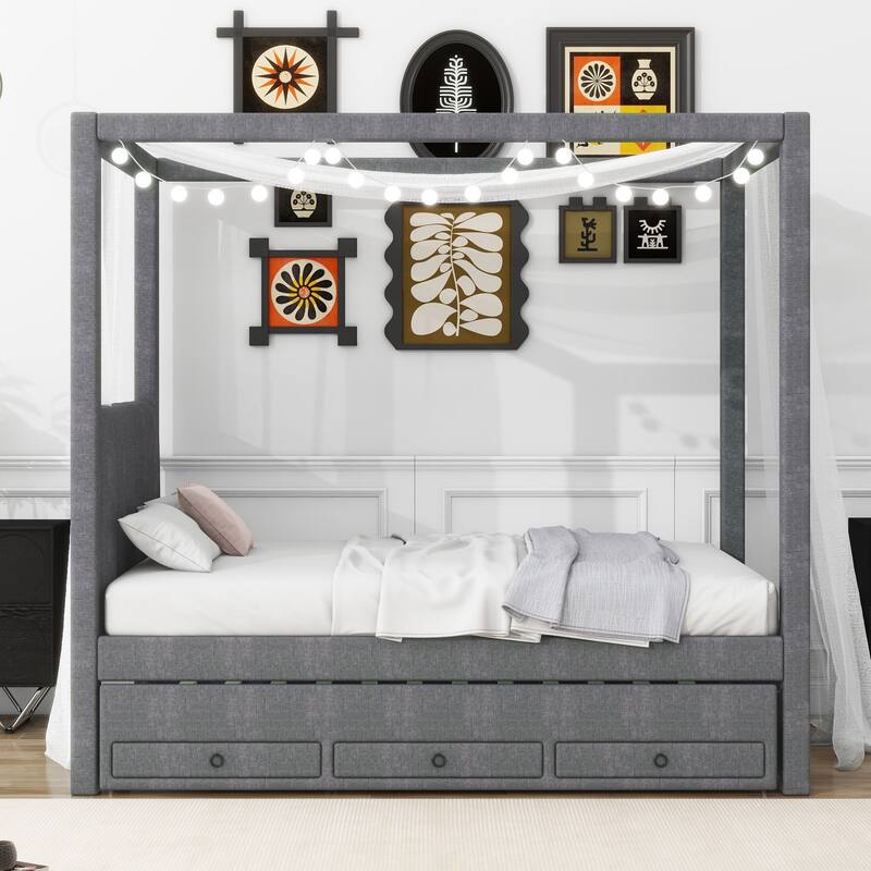 Upholstered Canopy Platform Bed with Trundle and Storage Drawers
