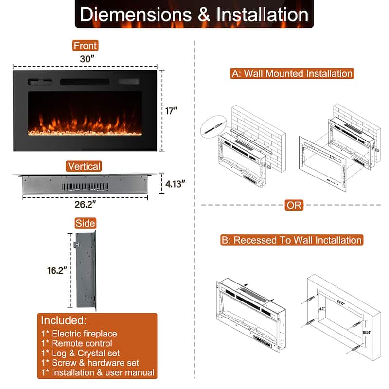 Clihome 30'' Built-in and Wall-Mounted Electric Fireplace - 30 in.
