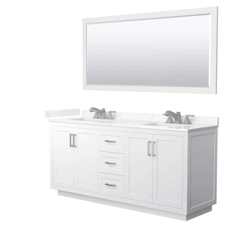Miranda 72-inch Double Vanity, Quartz Top, 70-inch Mirror - White, Nickel Trim, Giotto Quartz Top
