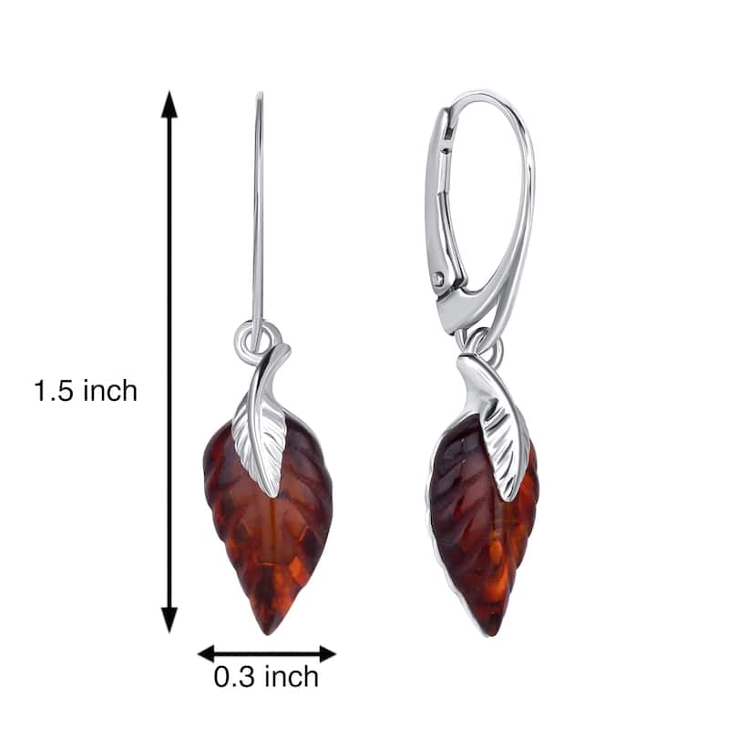 Baltic Amber Double Leaf Earrings Leverback in Sterling Silver