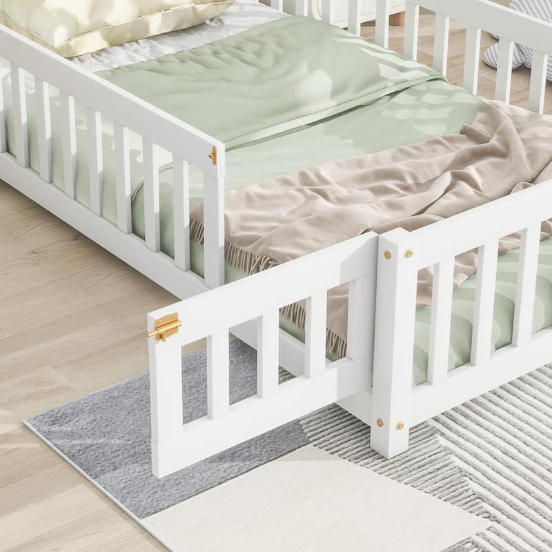 Twin House-Shaped Headboard Floor Bed with Fence, Fun & Safe Kids Bed