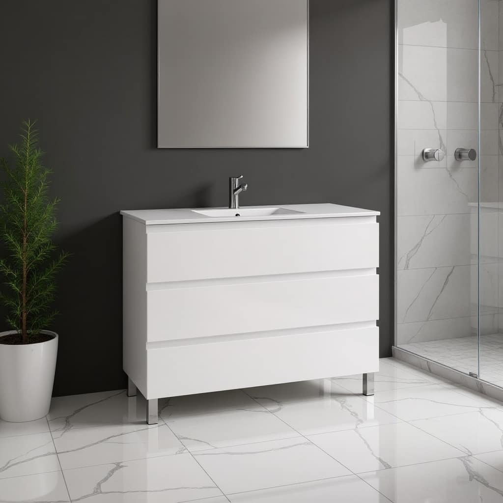 HomeRoots 48" White Wood Freestanding Bathroom Vanity With White Sink And Three Drawers - 48.00 in. x 39.06 in. x 17.88 in.