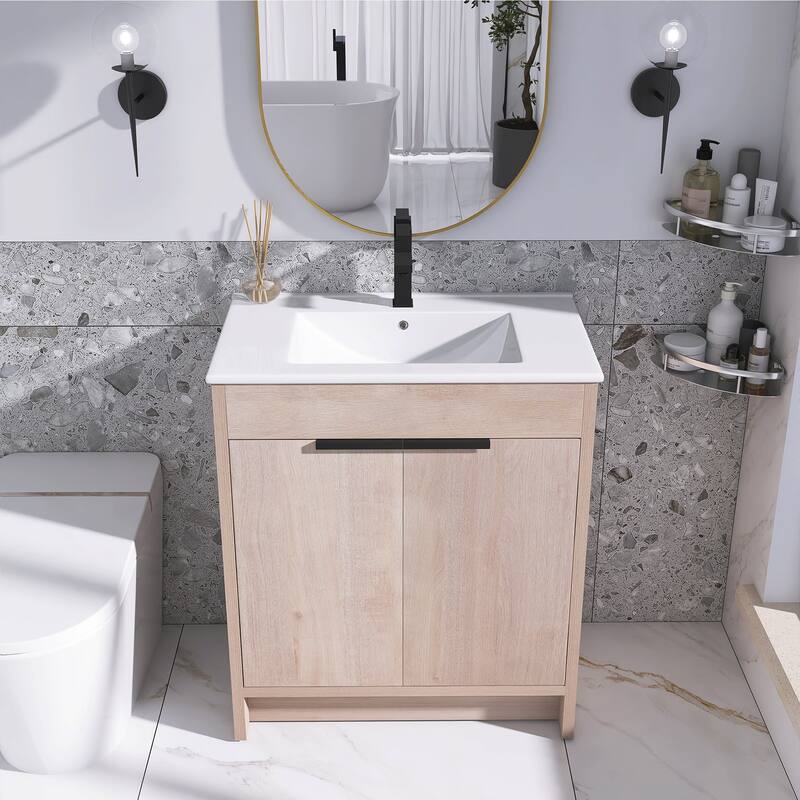 Freestanding Plywood Bathroom Vanity Set in Plain Light Oak with Integrated Sink
