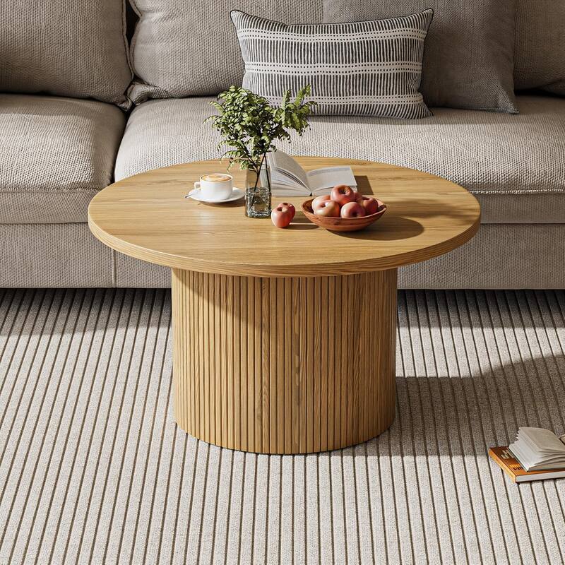 35 Inch Round Coffee Table Metal Frame Wood Top Center Table for Apartment - N/A