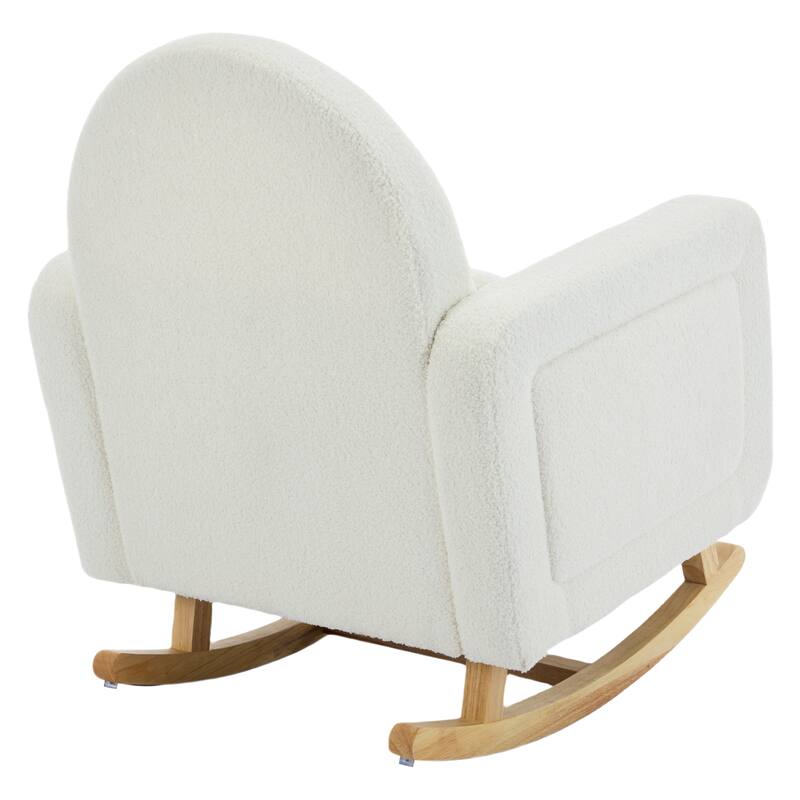 Wooden Base Nursery Rocking Chair, Cream White Accent Chair Lounge Chair with Curved Back & Pillow