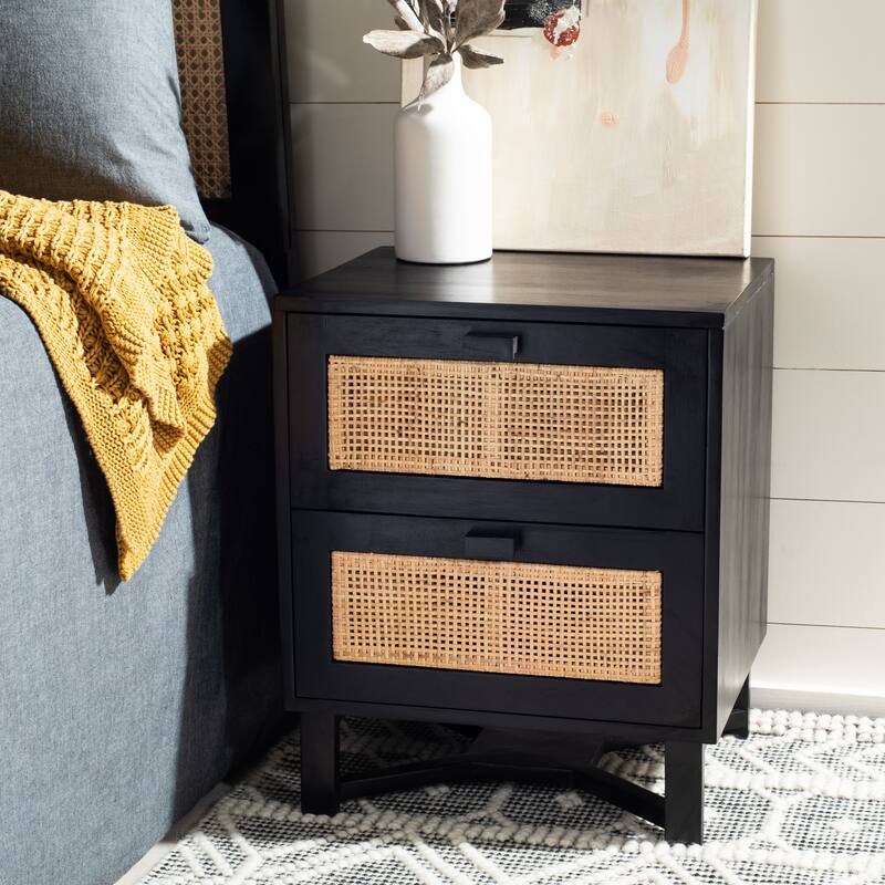 SAFAVIEH Dayana 2-Drawer Rattan Accent Table Nightstand - Black/Natural