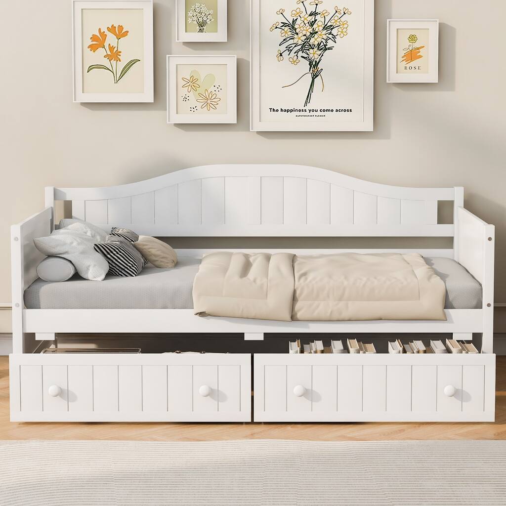 Roomfitters Wooden Twin Daybed with Two Storage Drawers Cottage Pine Frame White