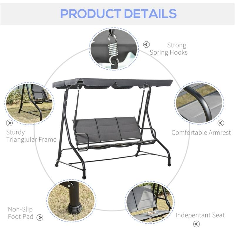 3-Seater Outdoor Patio Swing Chair with Adjustable Canopy - 80.75"L x 46.5"W x 67"H
