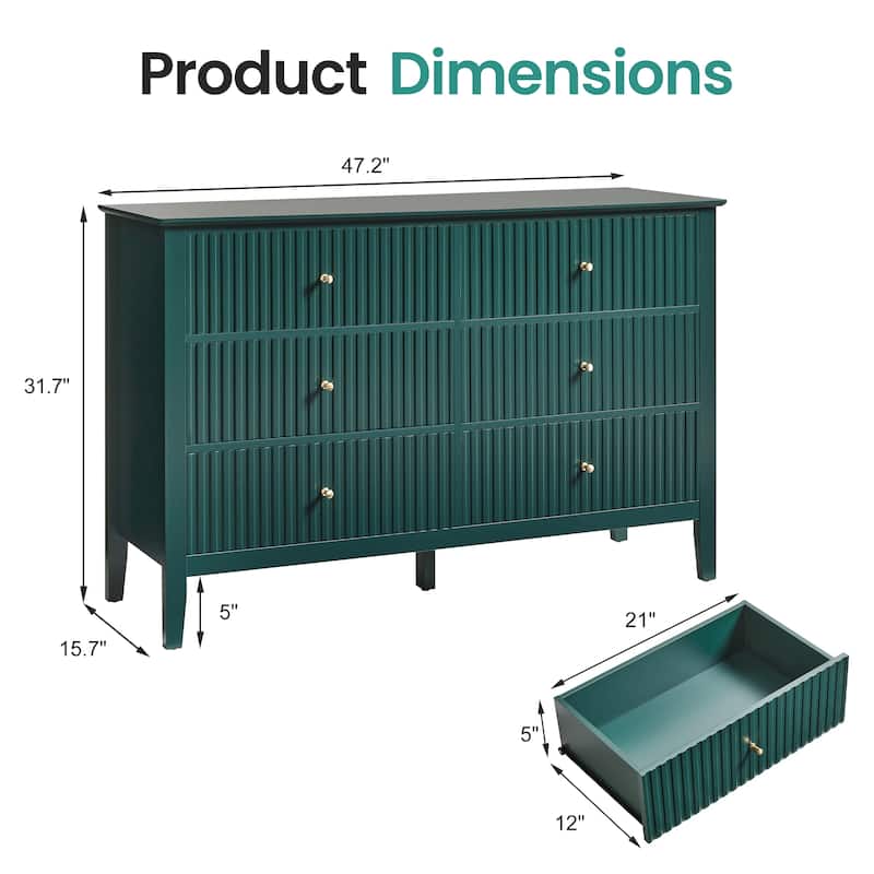 6 Drawer Dresser Fluted Modern with 5 Colors Available | High Weight Capacity Wood Dresser for Bedroom