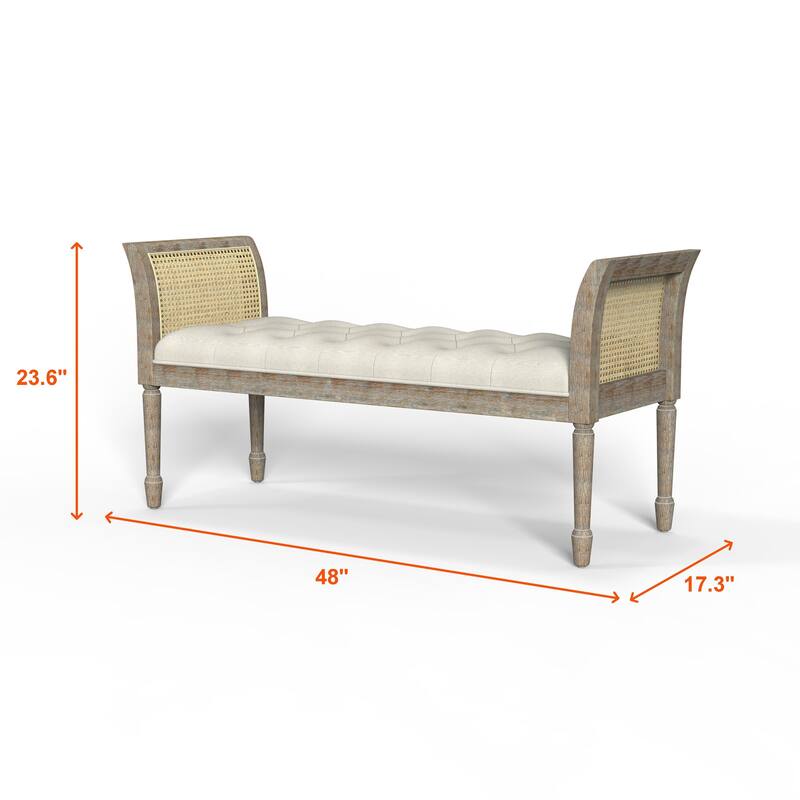 Dilwen Wooden Tufted Upholstered Bench with High Flared Rattan Arms