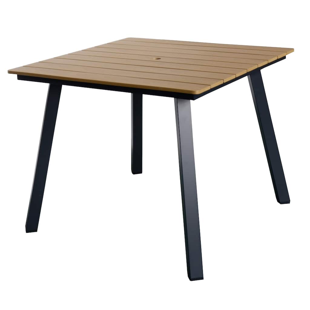 Square Patio Dining Table with Umbrella Hole,Heavy-Duty Iron Frame Wood-Plastic Composite Tabletop