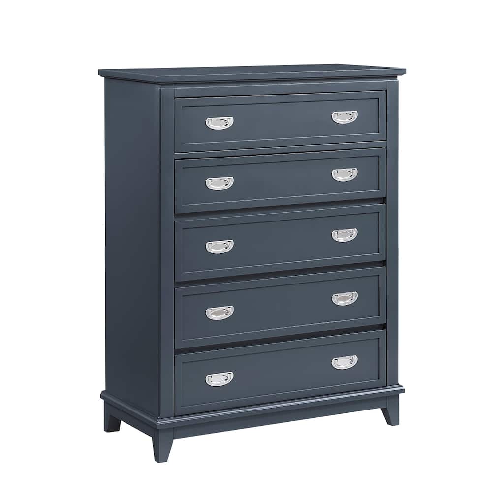 Sely Tall Dresser Chest, 5 Drawers, Navy Blue Wood Nickel Ring Handles