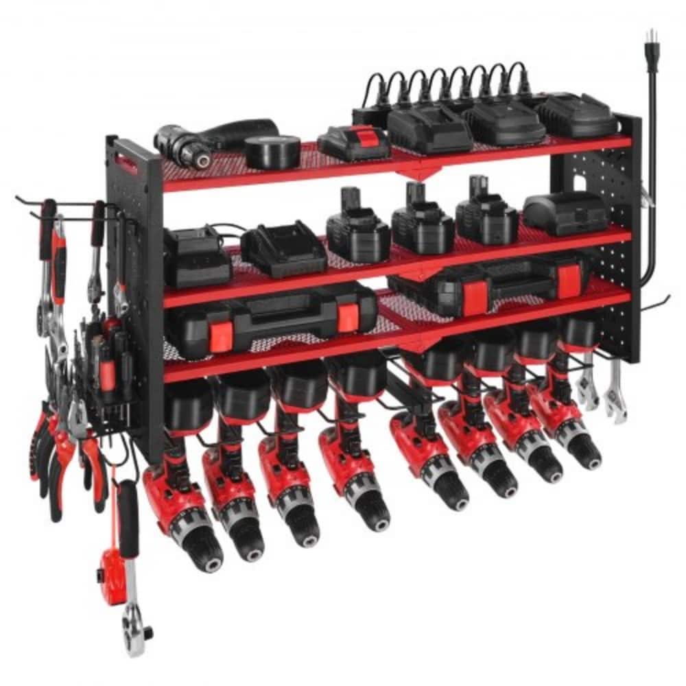4-Tier Red Wall-Mounted Tool Organizer Rack with 8 Drill Slots and Pegboard Power Strip - 32.87 x 8.66 x 16.54 in