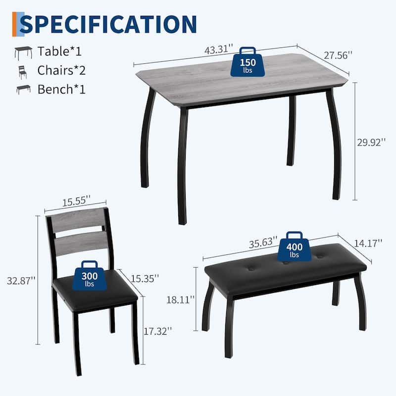 4-Piece Dining Table, With 2 Chairs and PU Upholstered Bench