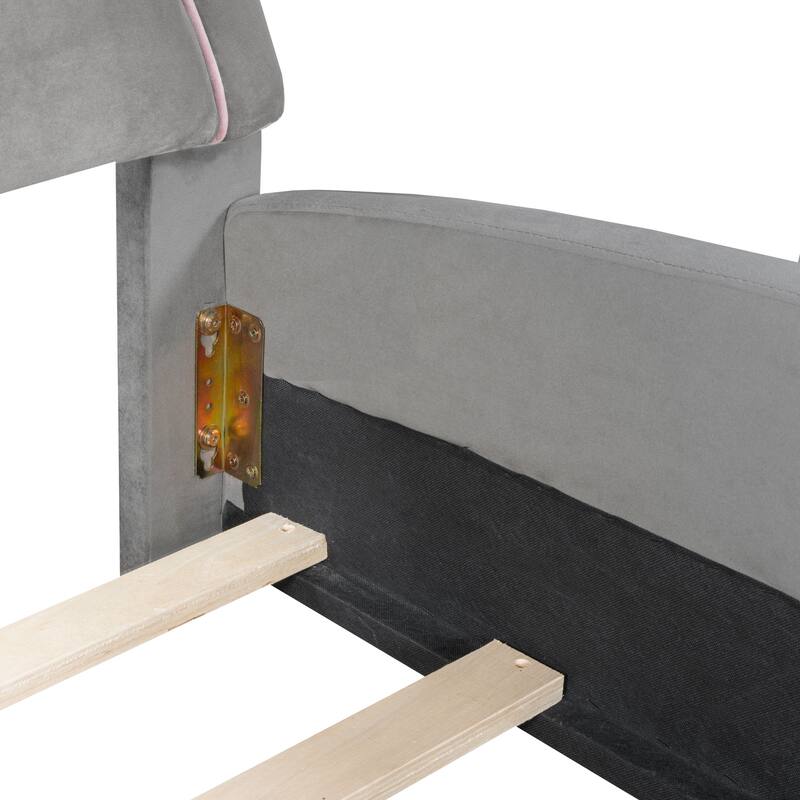 Velvet Bed with Bear-Shaped Headboard & Storage Pocket