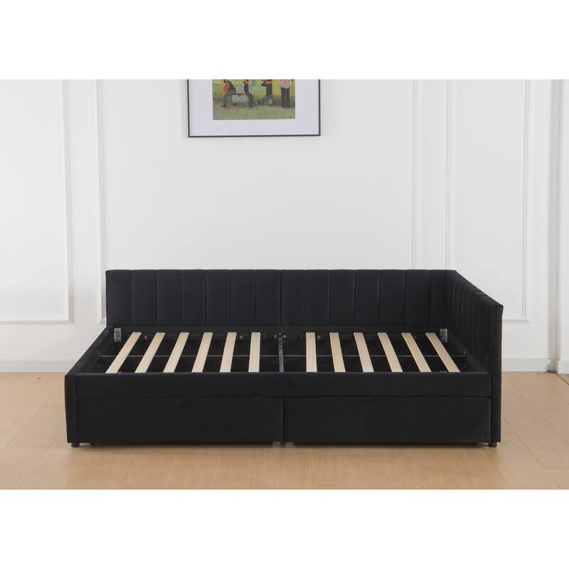 Full Size Daybed with Storage Drawers Upholstered Corner Bed with L Shaped Headboard Velvet Daybed Frame