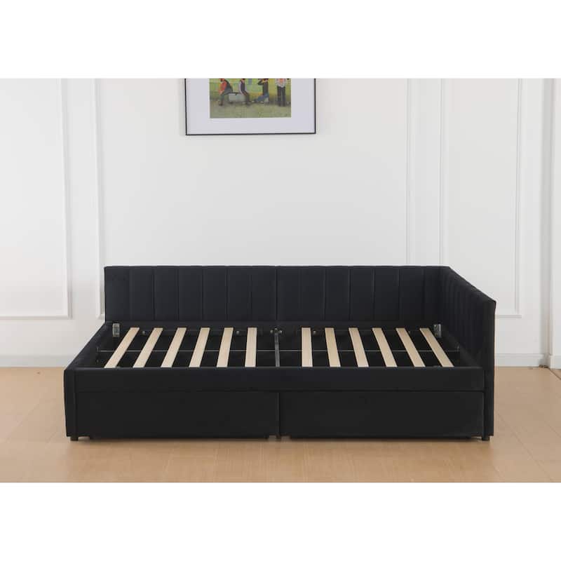GDFStudio - Modern Velvet Upholstered Corner Daybed with 2 Storage Drawers & L-Shaped Headboard, No Box Spring Needed