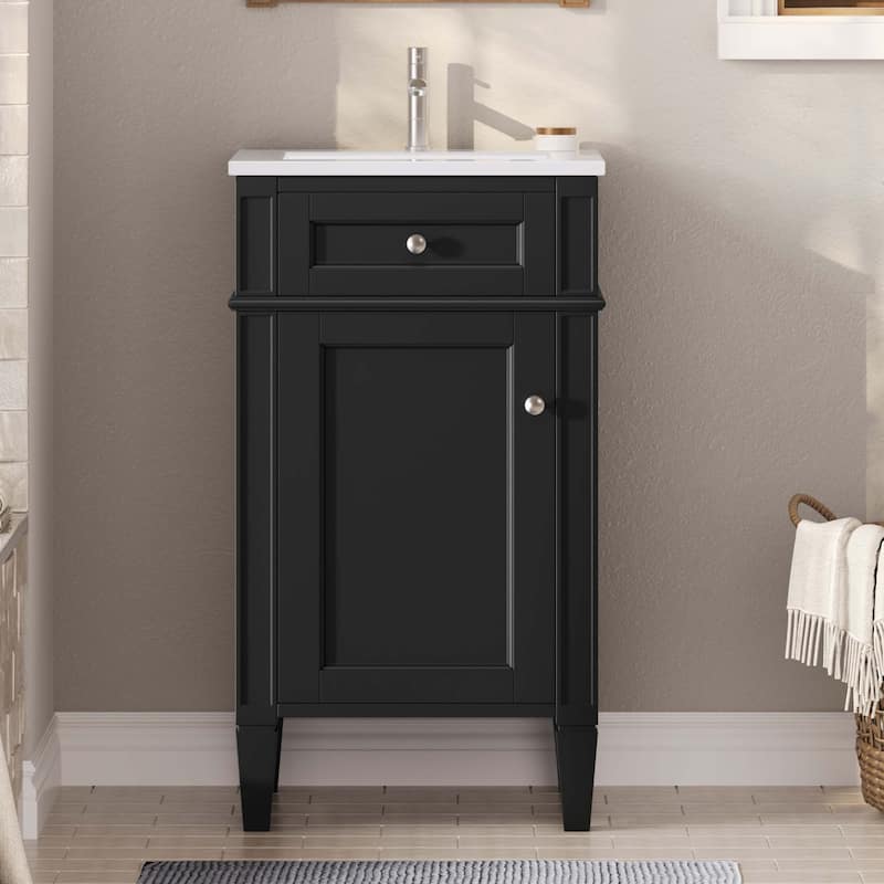 18" Freestanding Single Bathroom Vanity with Ceramic Sink, French Style Cabinet with Soft Close Door - Black