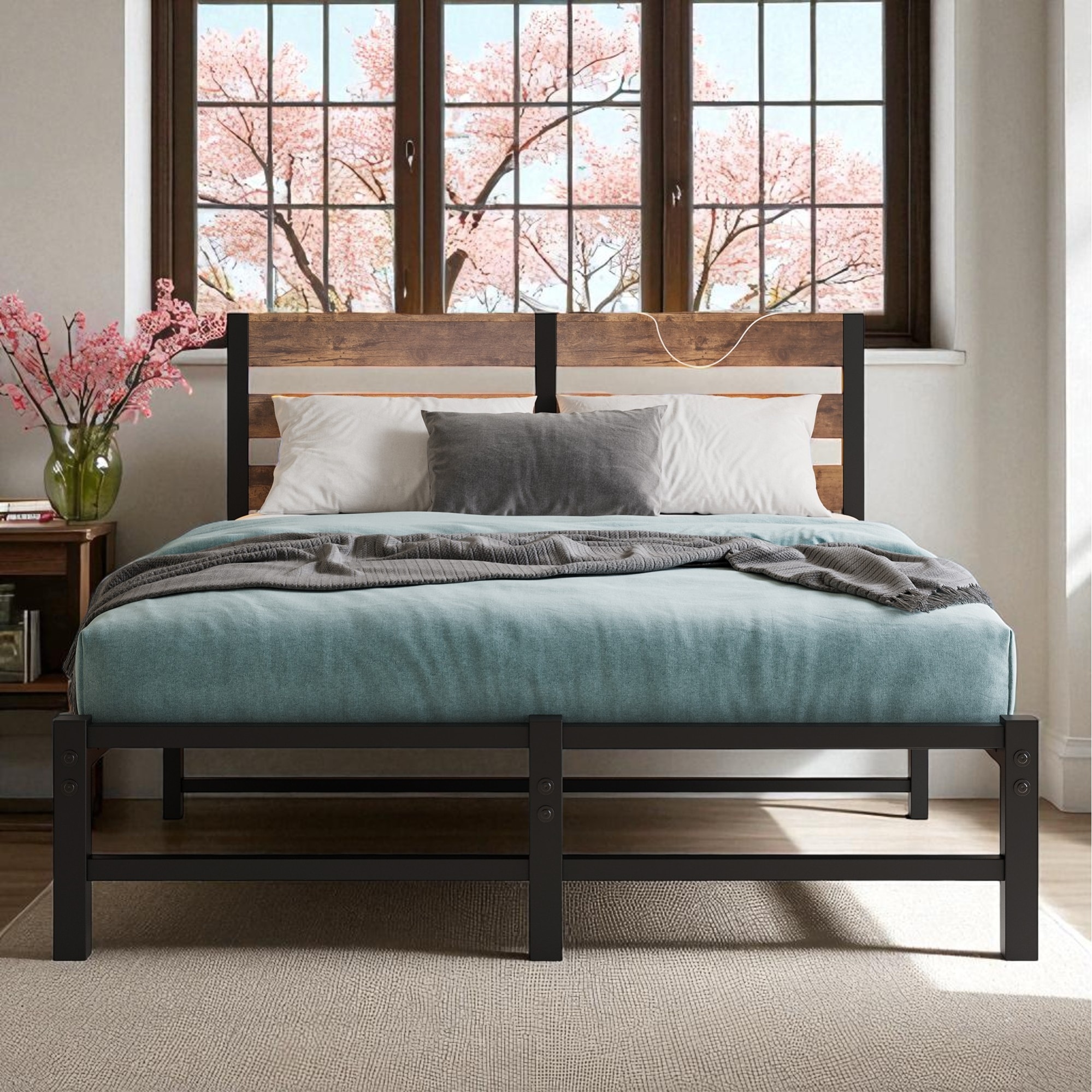 Full Size Metal Platform Bed Frame with LED Headboard, USB Ports, Storage Shelf, and Underbed Space