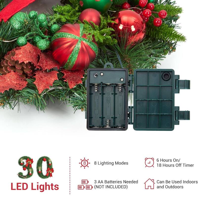 22" Christmas Wreath with Lights for Front Door with Red Green Balls Pine Cones