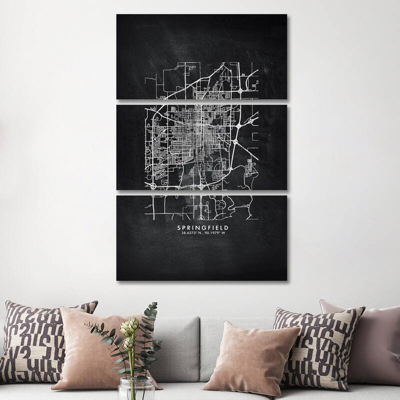 iCanvas "Springfield, Illinois City Map Chalkboard Style" by WallDecorAddict 3-Piece Canvas Wall Art Set - 60x40x1.5