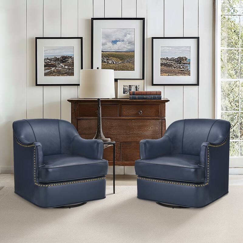 Genuine Leather Swivel Upholstered Accent Barrel Chair with Metal Base for Living Room