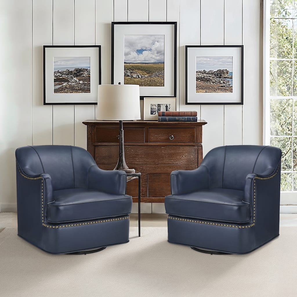 Genuine Leather Swivel Upholstered Accent Barrel Chair with Metal Base for Living Room