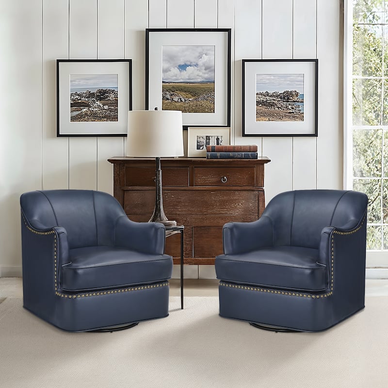 Modern Genuine Leather 360° Swivel Upholstered Accent Barrel Chair with Metal Base for Living Room - Navy-Set of 2