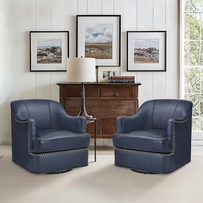 Modern Genuine Leather 360° Swivel Upholstered Accent Barrel Chair with Metal Base for Living Room