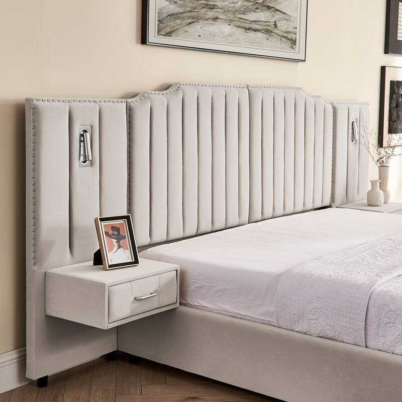 King Upholstered Wingback Platform Bed Frame with Vertical Stripe Enlarged Headboard, Adjustable Lamps & Integrated Nightstand