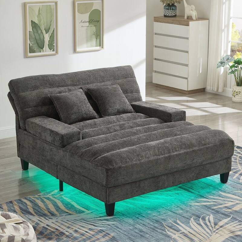 Modern Chaise Lounge Sofa 57.1" Sofa Bed Upholstered Lounge Sofa Chair with Adjustable Backrest and LED Light Strip - Grey