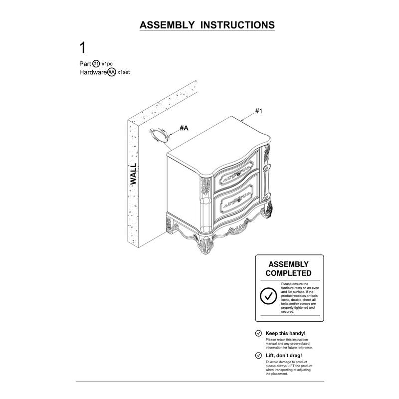 Pearl White Traditional 1pc Solid Wood Nightstand w/ 2 Drawers & Marble Top for Bedroom